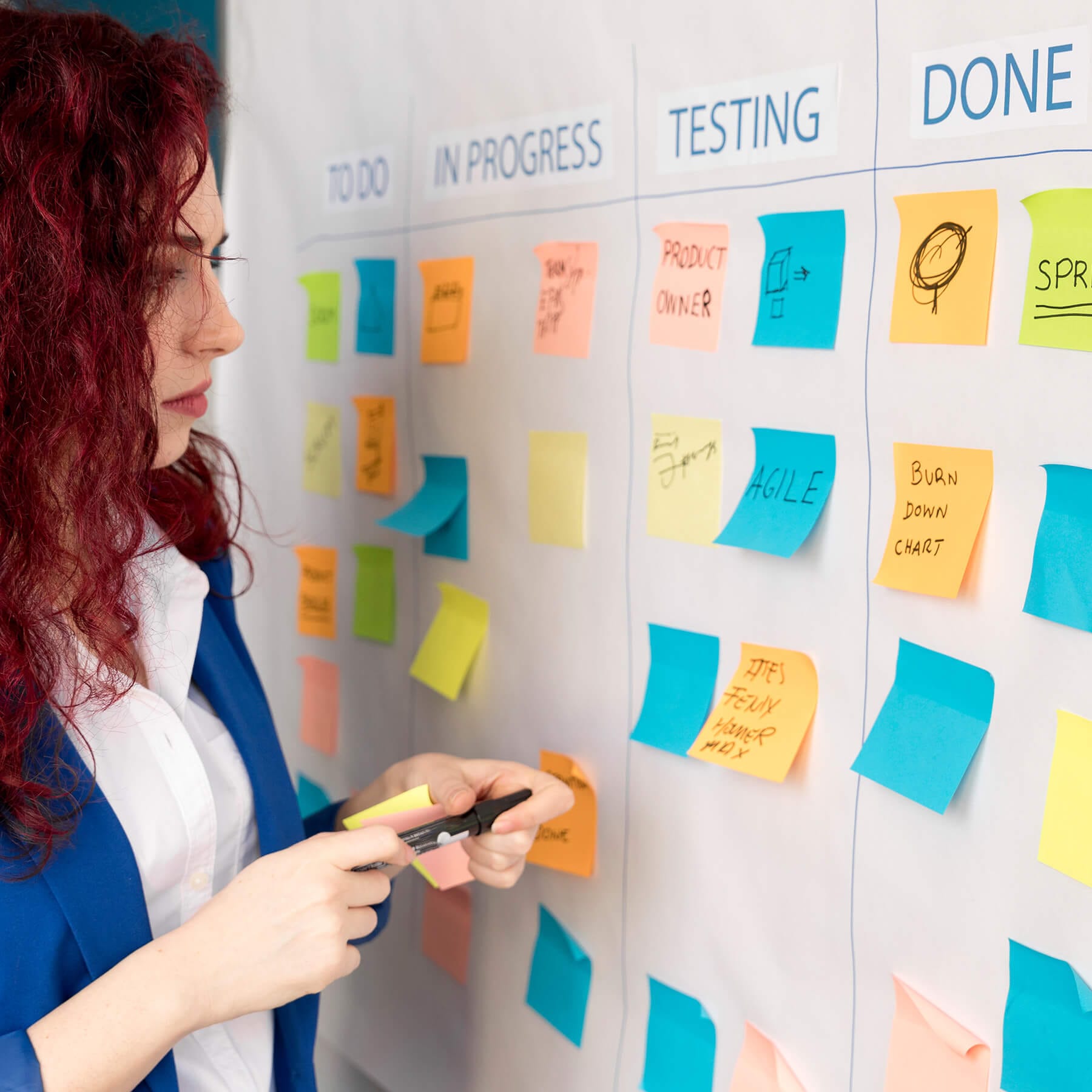 Business professional managing a workflow board with columns for To Do, In Progress, Testing, and Done.