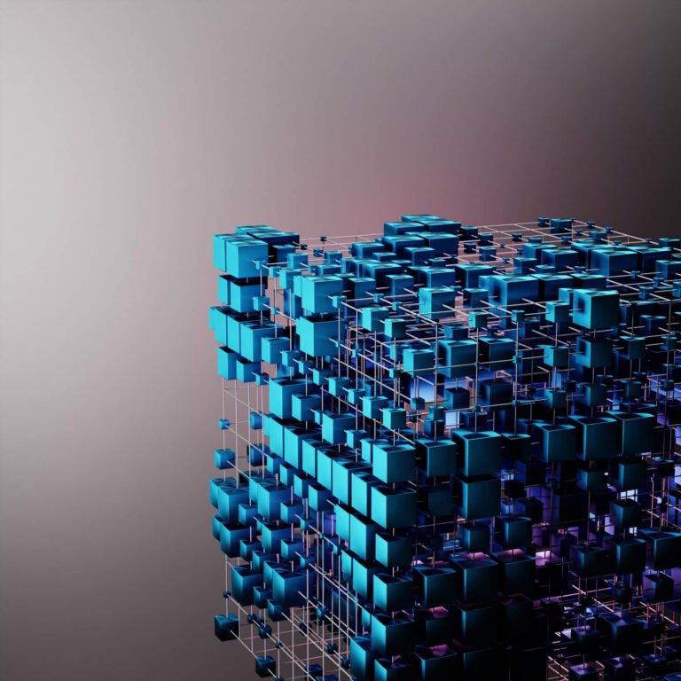 3D abstract network of blue cubes representing centralized record management and connected data systems.
