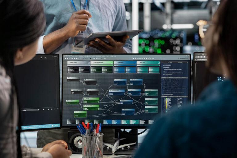 Team reviewing workflow connections on computer screens, representing CRM setup, data organization, and system optimization.