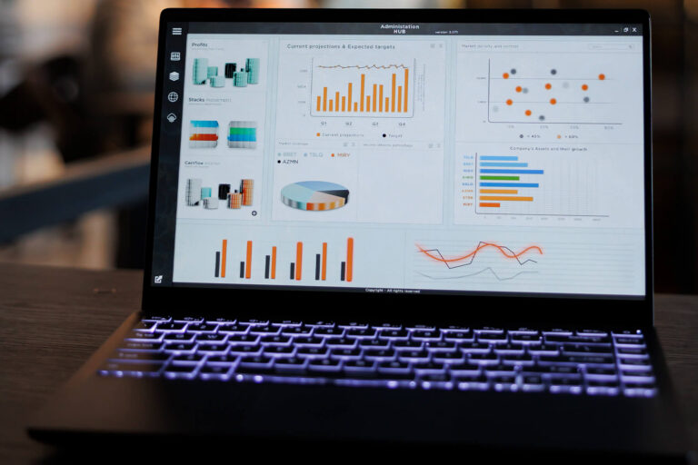 Laptop displaying marketing analytics dashboard with charts and graphs, representing automated reporting and business performance insights.