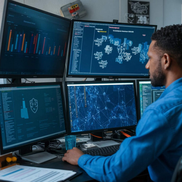 Abstract digital security dashboard representing system monitoring, data safeguards, and performance protection.